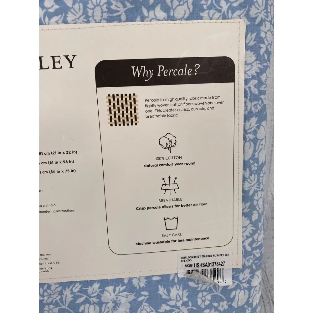 Laura Ashley Sheet Set FULL Blue White Floral Cotton Percale Heirloom Ditzy